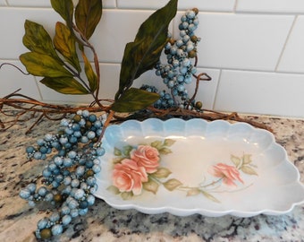 Vintage hand-painted, signed vanity tray, trinket dish, jewelry dish-pink rose design-dresser decor-table decor