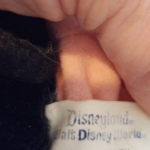 May include: A close-up of a tag from a Disney plush toy. The tag reads "Disneyland" and "Walt Disney World" with the copyright symbol and "&copy; 1984 DISNEY". The tag is white with black and blue text. The plush toy is black and pink.