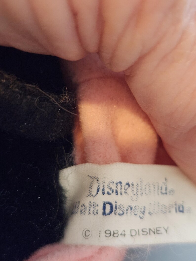 May include: A close-up of a tag from a Disney plush toy. The tag reads "Disneyland" and "Walt Disney World" with the copyright symbol and "&copy; 1984 DISNEY". The tag is white with black and blue text. The plush toy is black and pink.