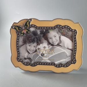 May include: A decorative photo frame with a butterfly accent. The frame has a light yellow border with a beaded silver trim. The frame holds a black and white photo of two children and a dog. The frame is 5x3.5 inches.