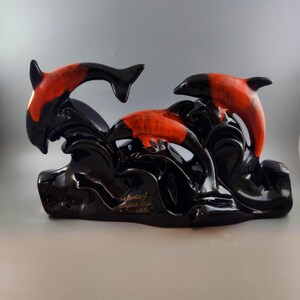 Vintage MCM Evangeline Canuck Pottery Jumping Dolphins Figurine "Flame" Red-Orange Drip Glaze Niagara Falls Canada