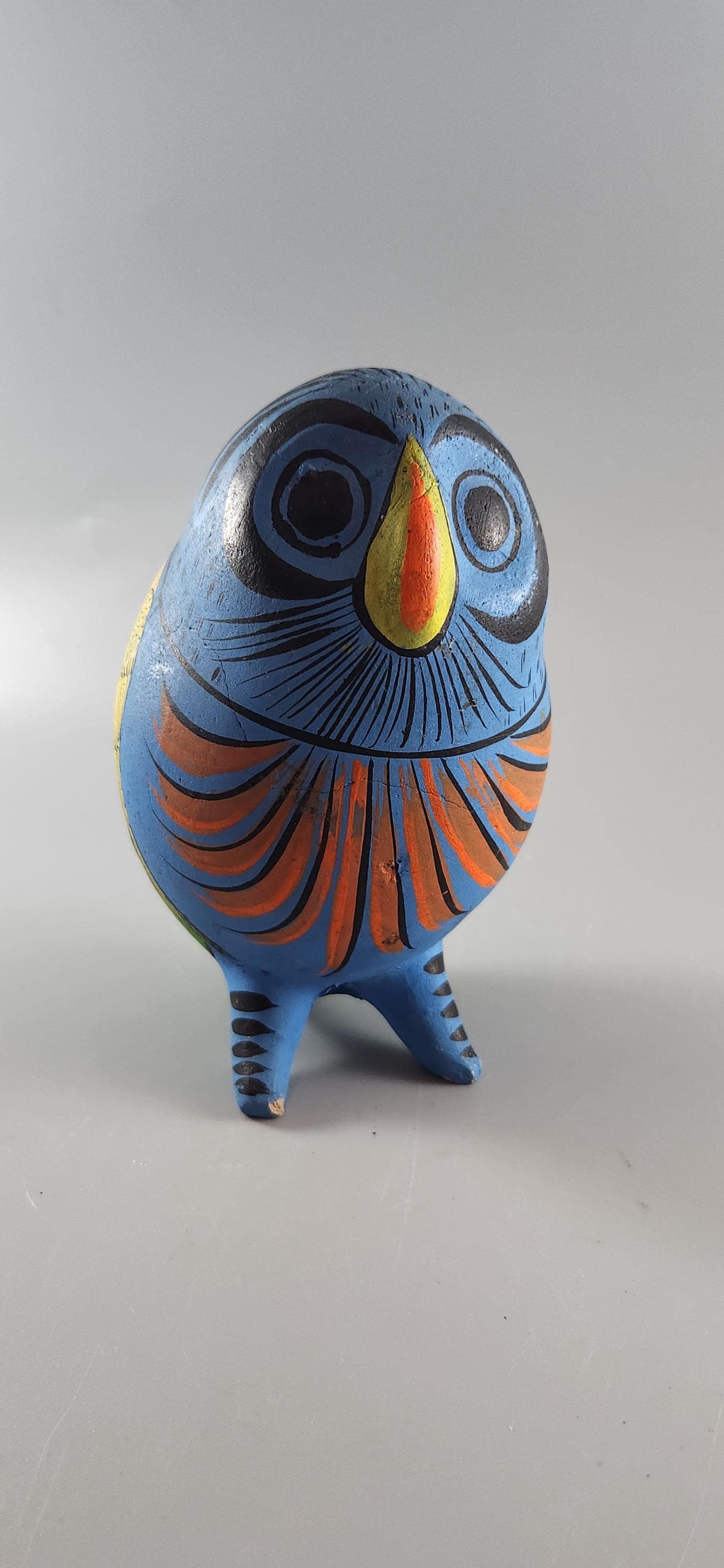 Vintage burnished pottery owl figurine from Tonala Jalisco Mexico, hand-painted Mexican folk art pot