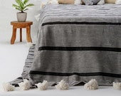 Cotton Moroccan Pompom Blanket,bedroom blanket,moroccan throw blanket, moroccan pompom blanket black and white stripes with white pompoms
