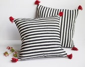 Moroccan cotton pillows , 20x20 , Tassel Pillow Cover , black white stripes ,red pompoms , pom pom pillow cover , tassel pillow