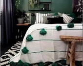 Moroccan Pom Pom Throw Blanket - Soft Cozy Cotton Moroccan Pom Pom Blanket , King size blanket , green stripes , moroccan blankets