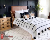 White Moroccan blanket and black pom-Pom,throw blanket,pompom throw,cotton blankets,pom pom blanket,black stripes,king bed cover,queen size