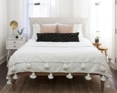 White Moroccan blanket and White pom-Pom,throw blankets,coverbed,cotton blankets,handmade blanket,Birthday Gift for dad,king bed cover