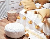 Moroccan Pom Pom Throw Blanket - Soft Cozy Cotton Moroccan Pom Pom Blanket , King size blanket , mustard yellow blanket