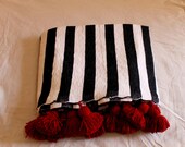 Pom pom throw , woven blanket , cotton blanket , pompom blanket , throw blanket , black stripes ,red pompom , pom pom throw with tassels