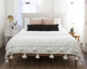 Moroccan Pom Pom Throw Blanket - Soft Cozy Cotton Moroccan Pom Pom Blanket , King size blanket , all white , moroccan blankets