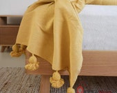 Pom pom throw , woven blanket , cotton blanket , pompom blanket , throw blanket , yellow mustrad , pom pom throw , blanket with tassels