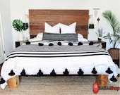 Moroccan Pom Pom Throw Blanket - Soft Cozy Cotton Moroccan Pom Pom Blanket , King size blanket , black white stripes , Moroccan blankets