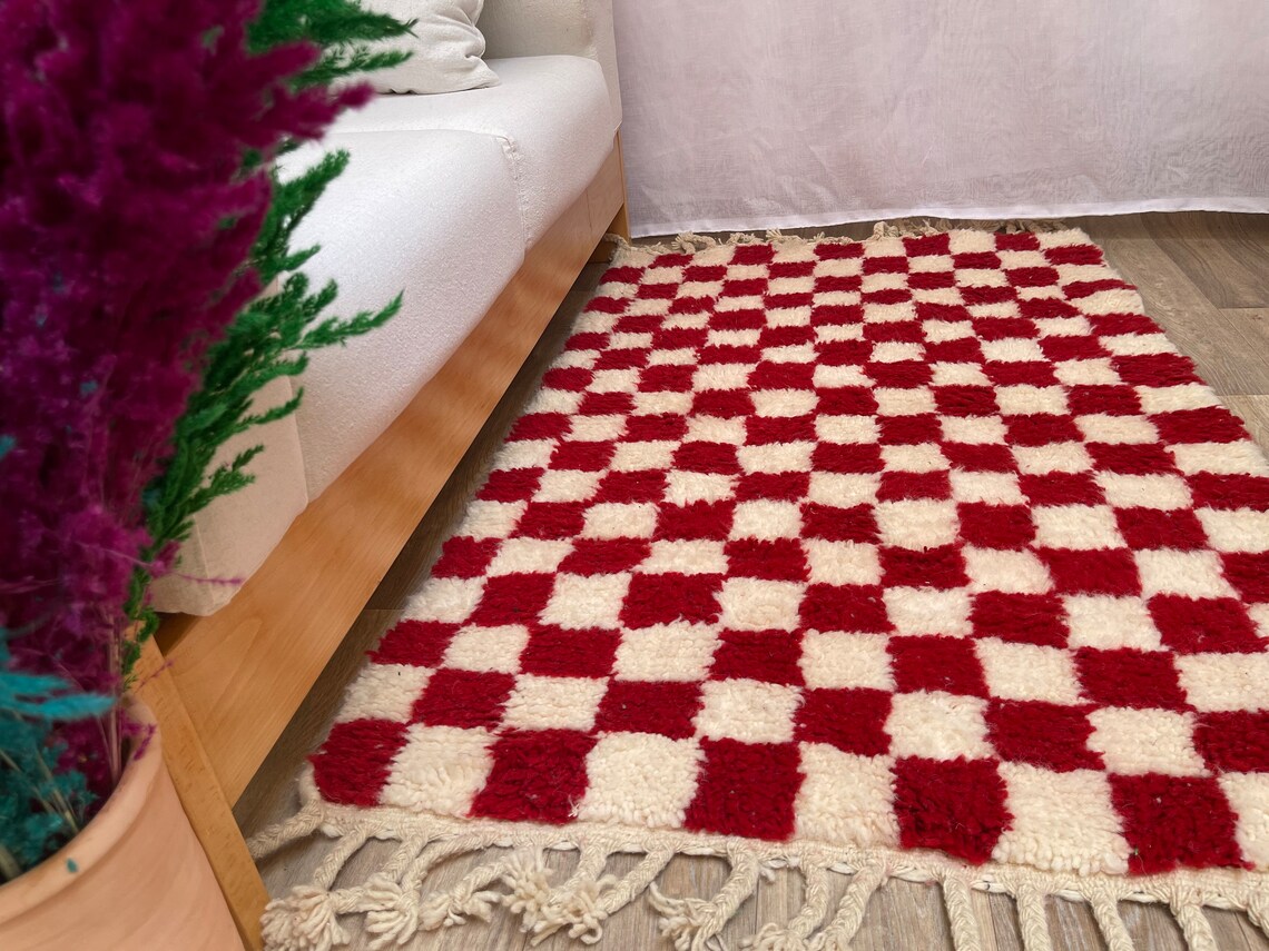 Red and White Checkered Rug Wool Checkerboard Rugs Dorm Rug Etsy