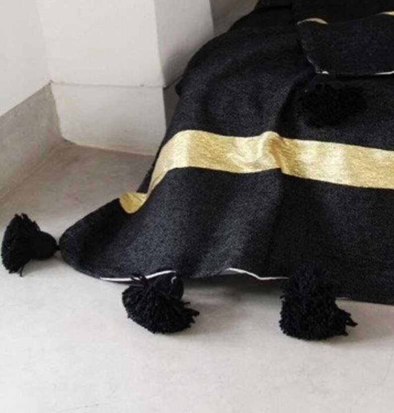 Black Throw Blanket Morocco Pom Pom Blanket Cotton Woven Etsy