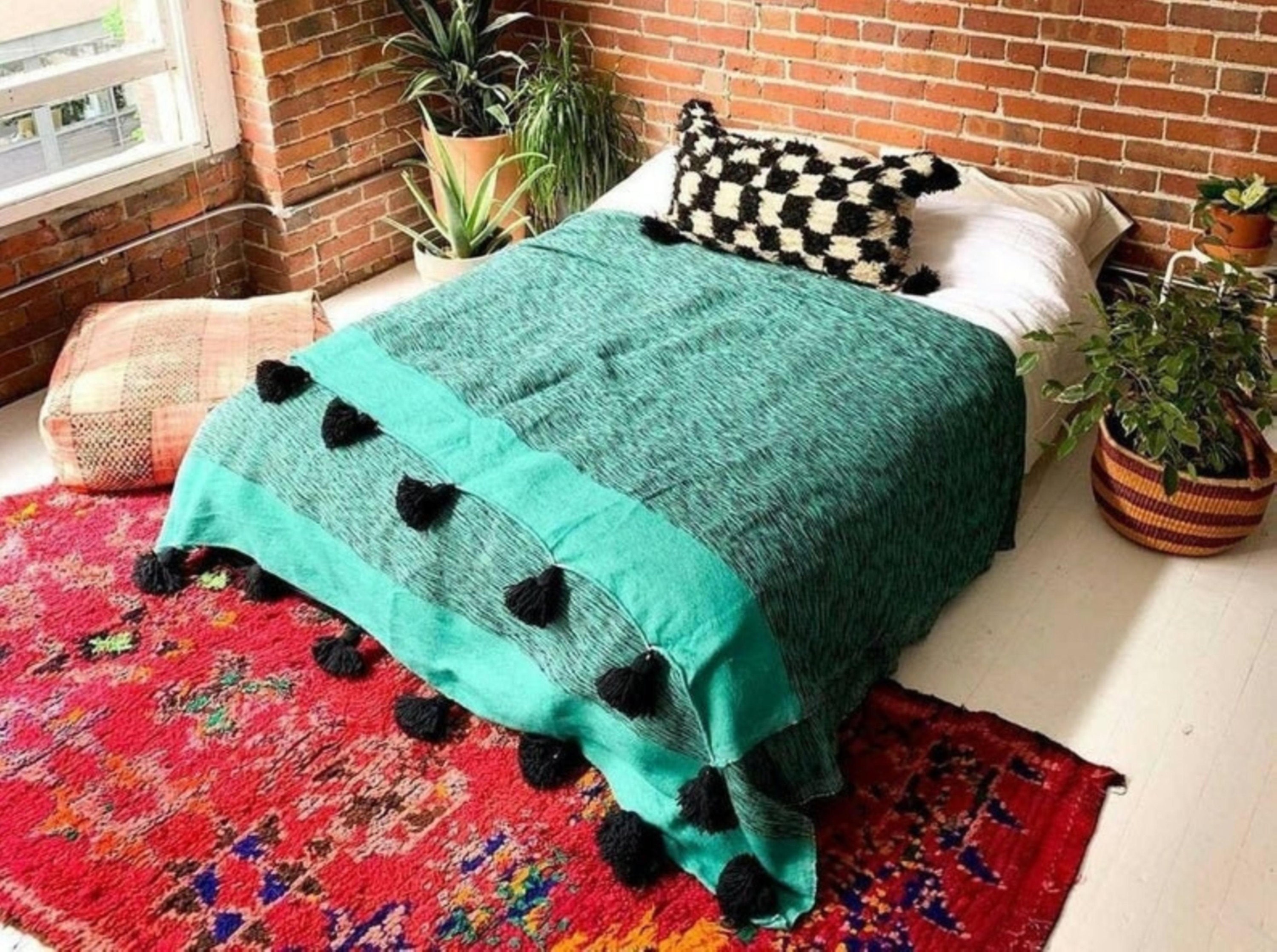 Cozy Throw Blanket Green Moroccan Pom Pom Blanket Super Soft Etsy