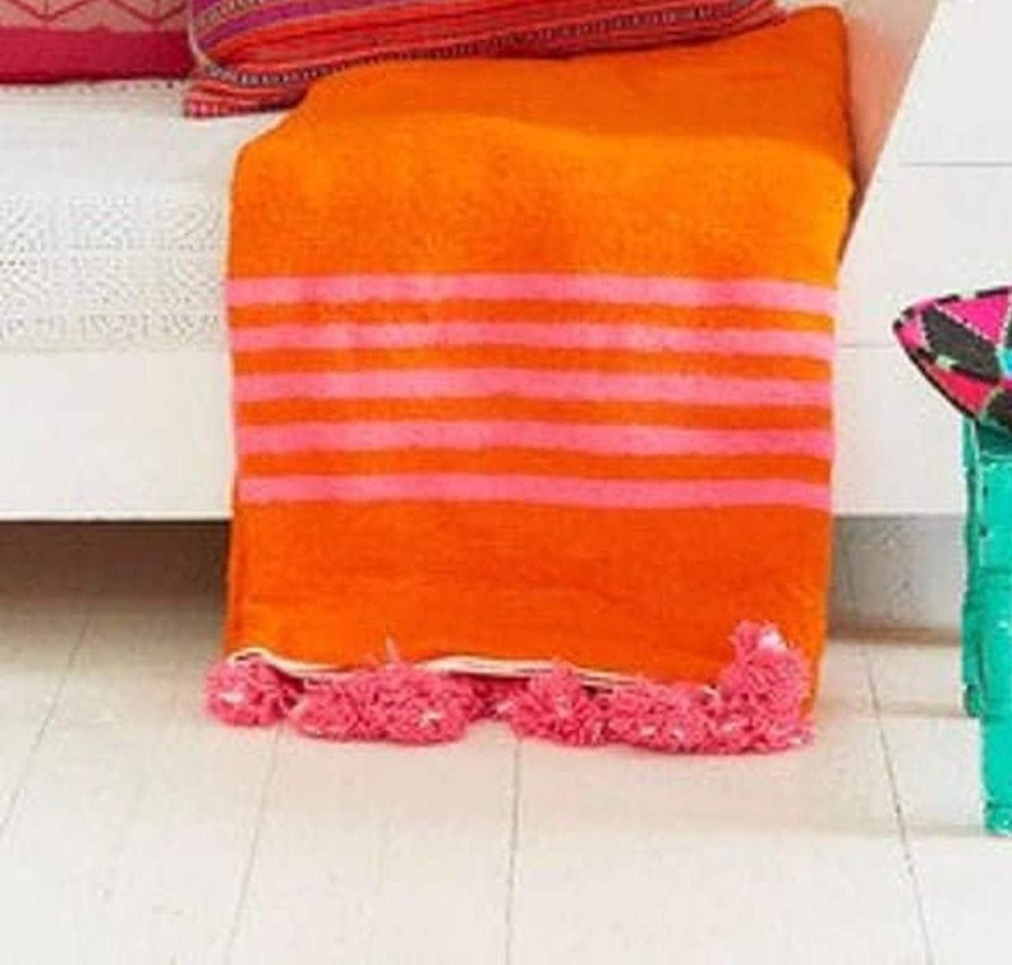 Moroccan Blanket Pom Pom Blanket Orange Cozy Blanket Etsy