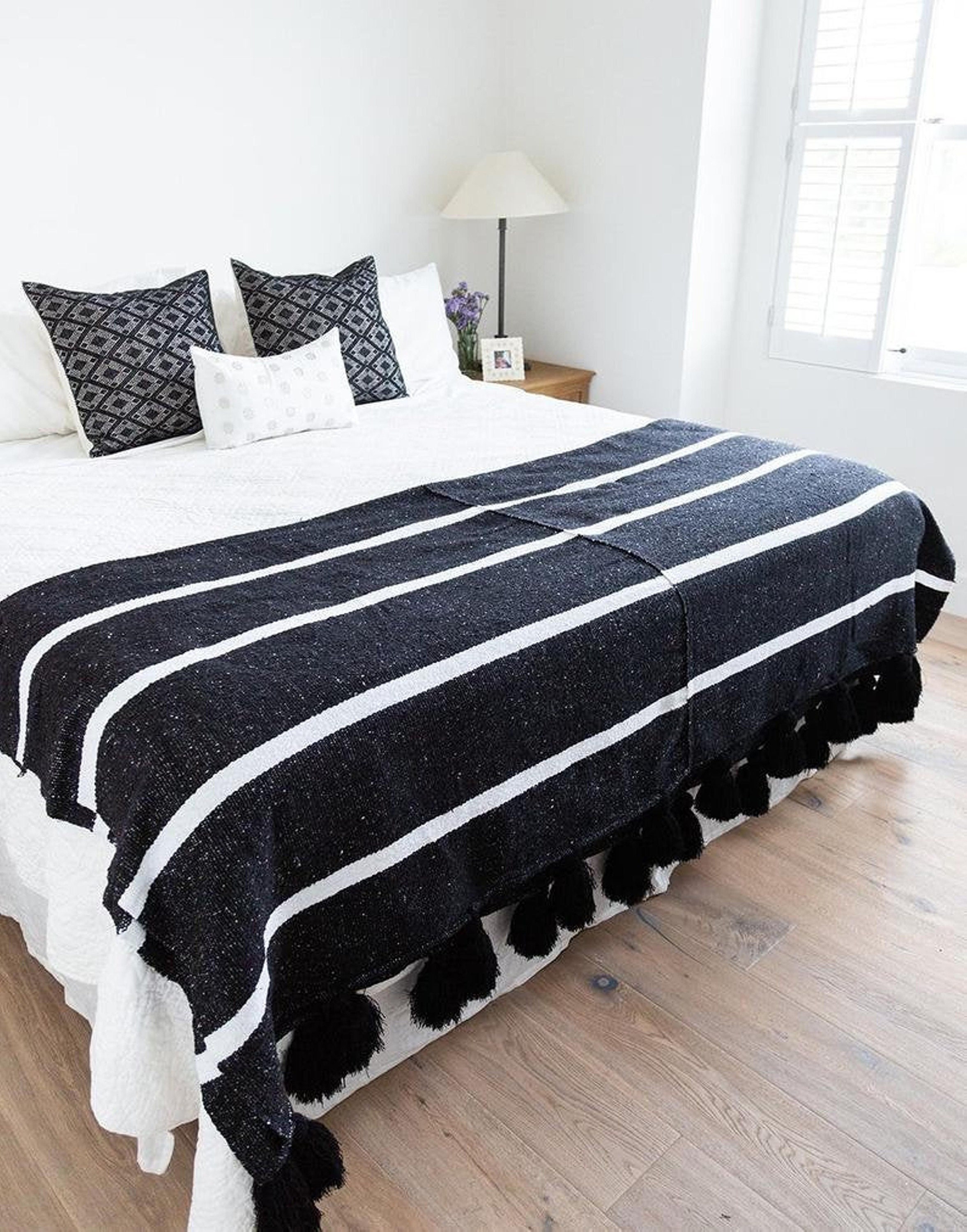 MOROCCAN POMPOM BLANKET Soft and Cozy Blanket Cotton Pom Pom Blanket,Custom Made White blanket with black strips,blanket with tassels