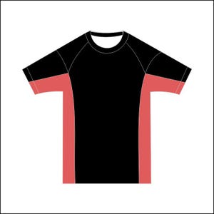 May include: Black athletic t-shirt with coral side panels and sleeve accents. The crew neck shirt has a simple, sporty design, suitable for workouts or casual wear.