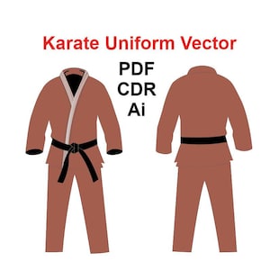 May include: A brown karate uniform vector illustration, showing front and back views of the jacket and trousers, with a black belt. The image includes the text "Karate Uniform Vector" and file formats: PDF, CDR, and Ai.