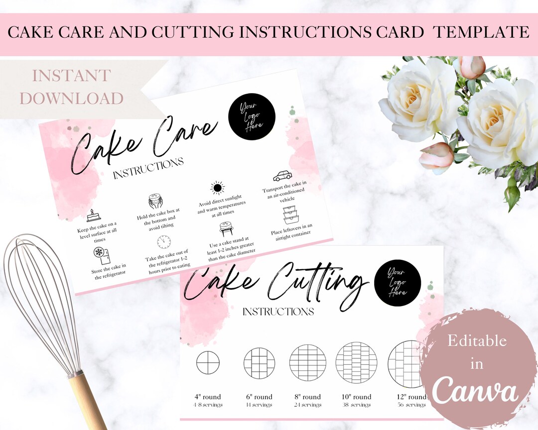 Cake Care Cake Cutting Instructions Card Template, Canva Editable Cake