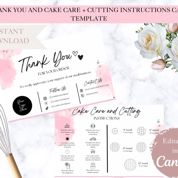 Cake Care Cake Cutting Instructions Thank You Card Template, Canva Editable Template, Printable Card, Cake Instructions, Instant Download