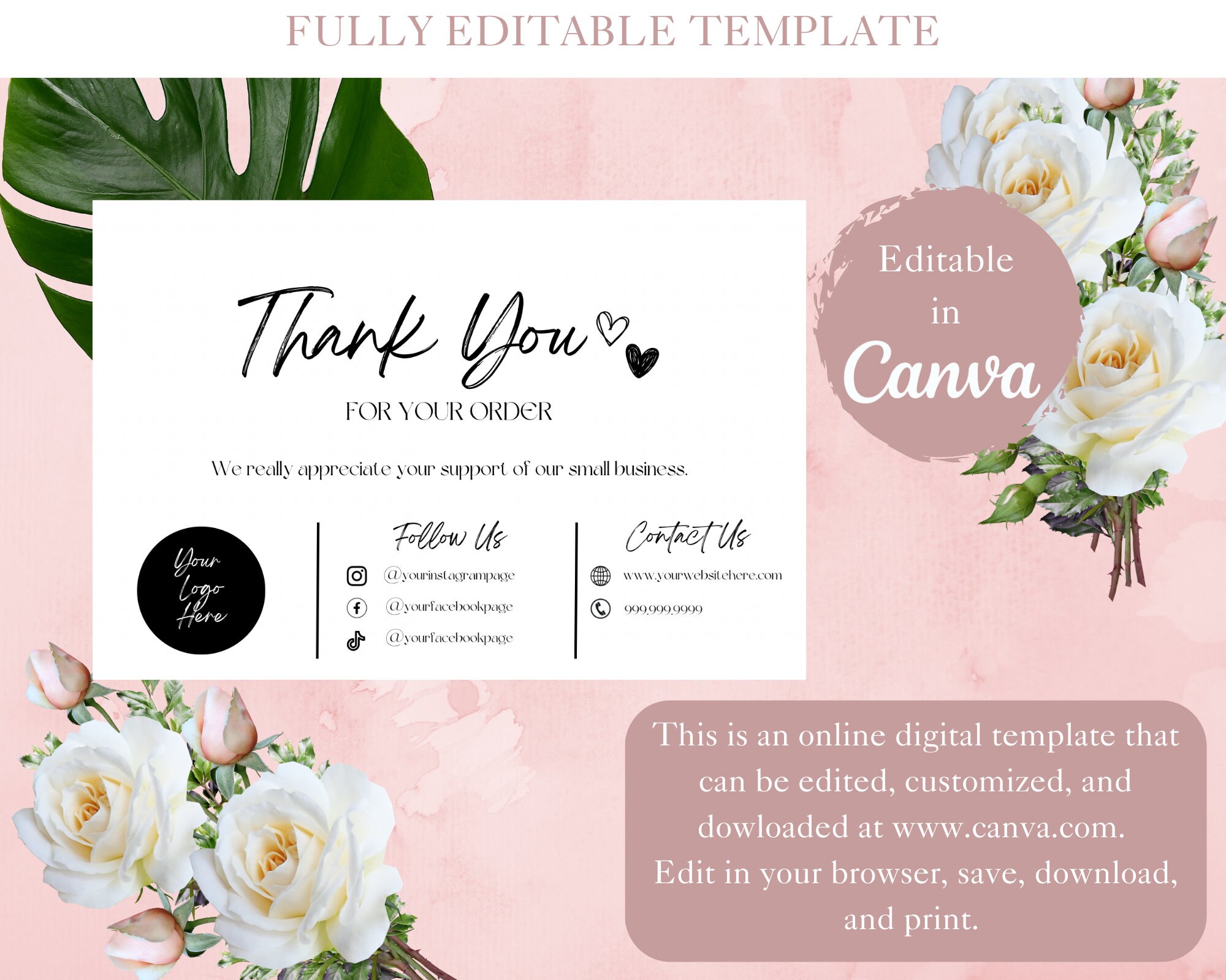 Thank You Card Template for Business, Canva Editable Thank You Card ...
