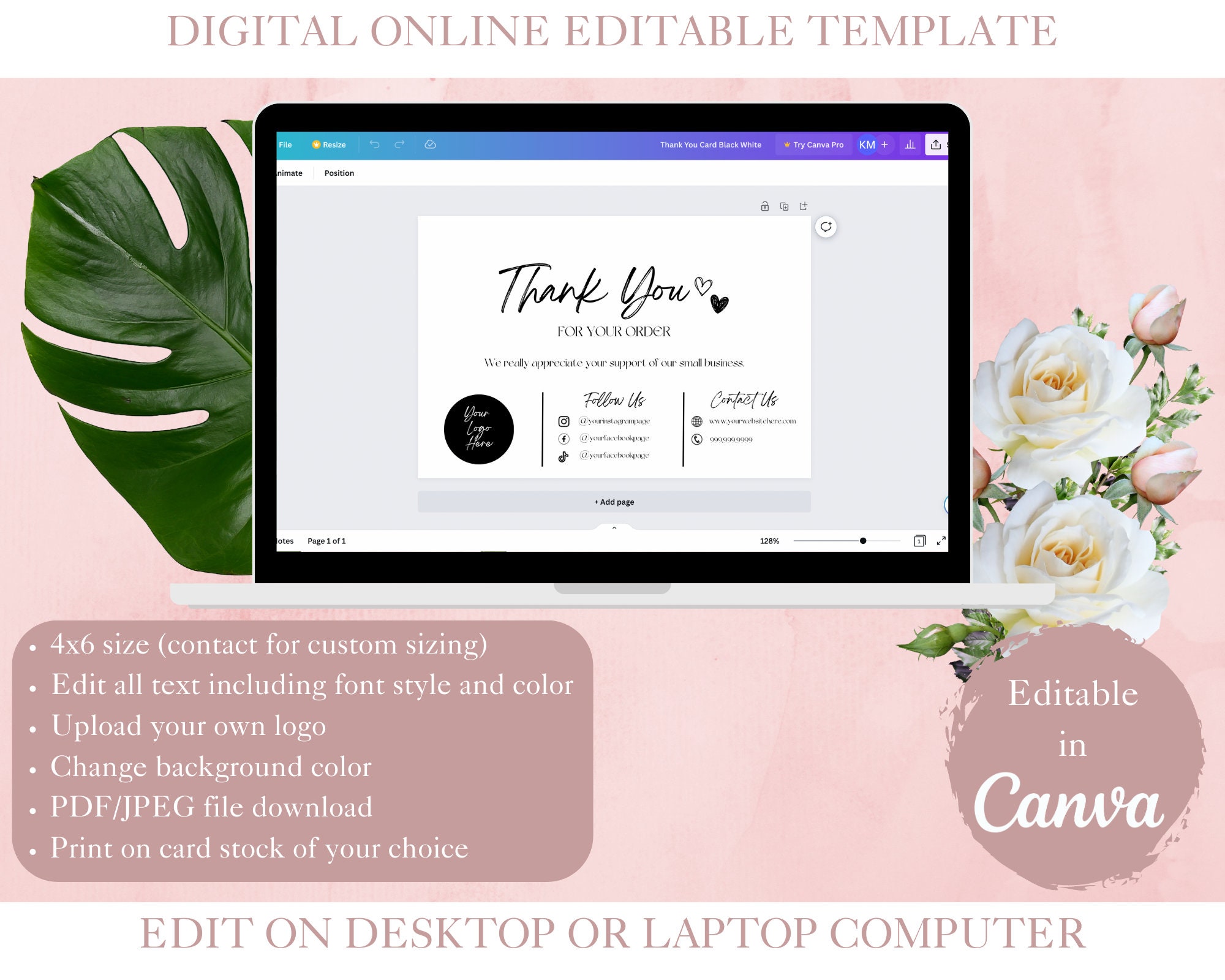 Thank You Card Template for Business, Canva Editable Thank You Card ...