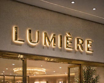 Könnte beinhalten: Das Wort "LUMIERE" in goldenen, beleuchteten Buchstaben ist an einer strukturierten Wand über einer Glastür angebracht. Die Buchstaben leuchten warm, und der Türrahmen ist ebenfalls golden. Im Inneren ist ein Kronleuchter zu sehen.