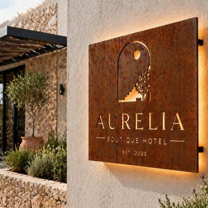 May include: A rectangular, rusted metal sign with backlit lettering and a cutout design. The sign displays the text AURELIA, BOUTIQUE HOTEL, and EST 2023. The cutout features an arched doorway, a sun, stairs, and a tree silhouette.