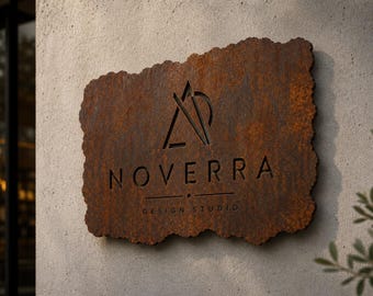 Könnte beinhalten: Ein rechteckiges Schild mit rauer, rostiger Metalltextur, das das ausgeschnittene Logo und den Text NOVERRA DESIGN STUDIO zeigt. Das Schild hat unregelmäßige, gezackte Kanten, ist an einer hellen Wand montiert und hat ein dunkles Finish.