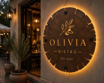 Könnte beinhalten: Ein kreisförmiges, dunkelbraunes Schild mit rauer, holzähnlicher Textur, das an einer Wand montiert ist. Das Schild zeigt eine goldene Olivenzweig-Grafik, den Text "OLIVIA BISTRO" und "EST. 2024" in goldener Schrift, beleuchtet durch warmes Licht.