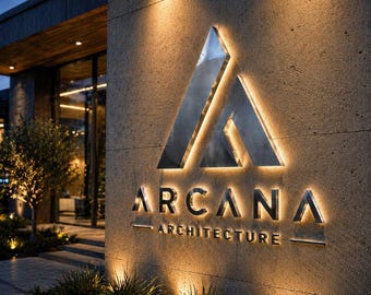 Könnte beinhalten: Beleuchtetes Metallschild für Arcana Architecture, montiert an einer strukturierten Steinmauer. Das Schild zeigt ein stilisiertes Dreieckslogo und den Firmennamen, wobei warme Beleuchtung die Details hervorhebt. Die Szene spielt sich im Freien in der Abenddämmerung ab.