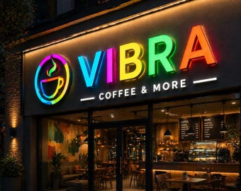 Könnte beinhalten: Außenansicht eines Cafés bei Nacht. Das Schild zeigt "VIBRA COFFEE & MORE" in bunten Neonbuchstaben. Links befindet sich ein kreisförmiges Logo mit einer Kaffeetasse. Der Innenraum des Cafés ist durch die Fenster sichtbar.