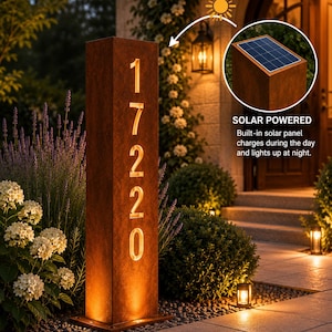 Rostig adressstolpe, modern vertikal husnummerskylt, specialanpassad metallplakett (LED-ljus)