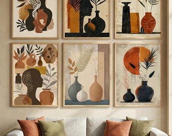6er Set Boho Art Prints, minimalistisches Mid Century Modern Poster, abstrakte Terrakotta-Wanddekoration, Boho Galeriewand-Set, Instant Down