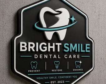 Könnte beinhalten: Schwarz-weißes Zahnpflege-Schild mit dem Text "BRIGHT SMILE" und "DENTAL CARE". Das Schild enthält auch die Wörter "PREVENT", "RESTORE" und "ENHANCE" sowie den Satz "HEALTHY SMILE, CONFIDENT YOU".