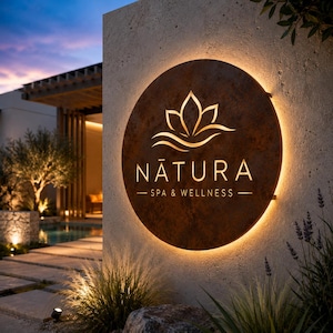 Custom Round Metal Business Sign, Backlit LED Logo, Corten Steel Wall Sign