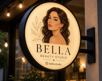 Könnte beinhalten: Ein rundes, beleuchtetes Schild für "BELLA BEAUTY STUDIO" mit schwarzem Rahmen. Das Schild zeigt eine Illustration einer Frau mit langen, welligen braunen Haaren und goldenen Creolen. Das Schild enthält auch den Instagram-Handle @bella.studio.