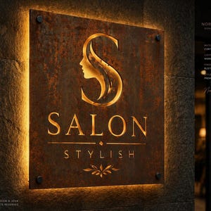 May include: A square corten steel sign with a rustic patina finish featuring a backlit cutout of a stylized letter S combined with a profile silhouette. The text SALON STYLISH is cut out below, illuminated by warm LED backlighting from behind.
