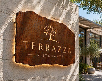 Letrero de acero Corten con forma orgánica, letrero comercial de acero Corten retroiluminado personalizado, logotipo cortado con láser, arte mural iluminado para exteriores