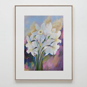 Pintura al óleo Оriginal Blooming Daffodils, Narcisos de primavera, Flores de primavera
