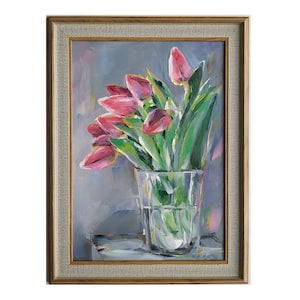 Pintura al óleo original con tulipanes rojos, tulipanes florecientes en un jarrón, flores de primavera.