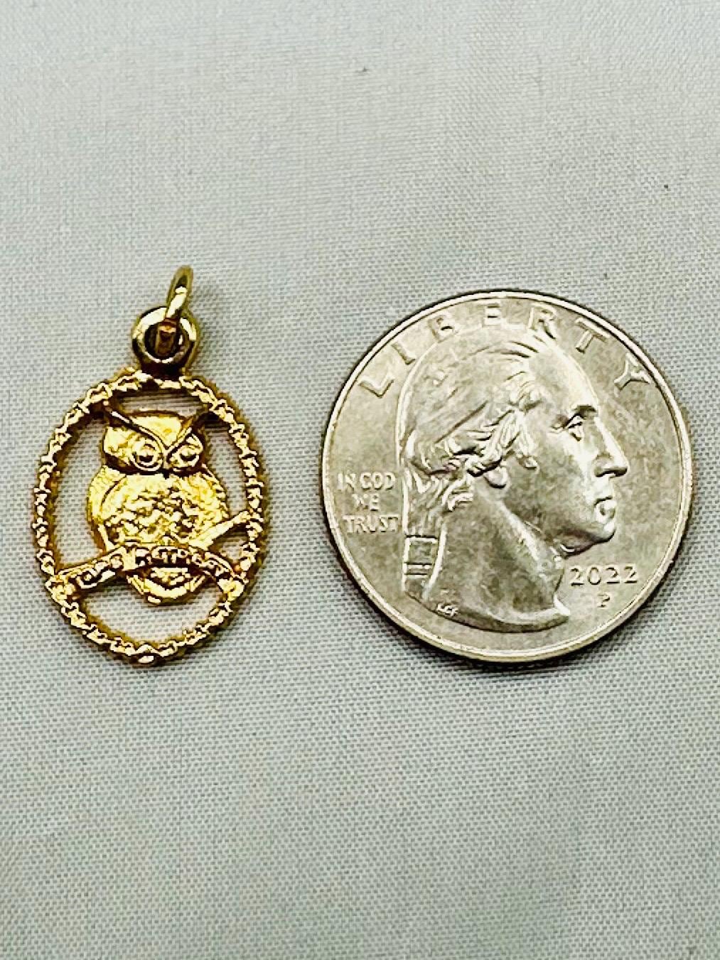 Owl Pendant Charm Gold Toned - Not Marked - Small Perched Bird on Branch