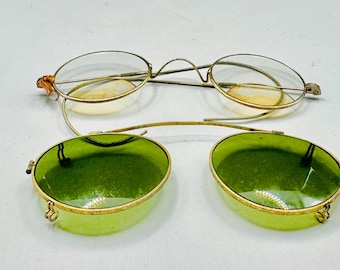19th-Century Victorian Wire-Rimmed Reading Glasses w/ Green Top Shades