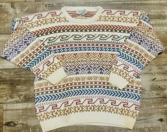 Suéter de punto vintage de St. John’s Bay, colores otoñales, estampado de rayas multicolor, talla XL para hombre.