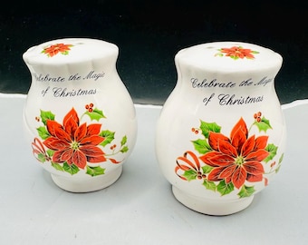 Christmas Magic Ceramic Salt & Pepper Shakers Set Red Poinsettia