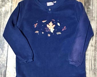 Fleece Fall Sweater Women’s Navy Blue Leaf Embroidery Long Sleeve Large Vintage