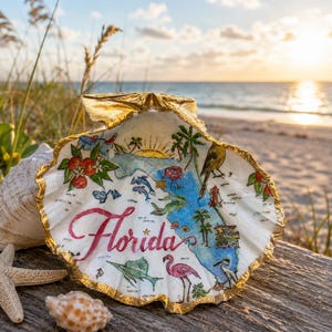 May include: A decorative scallop shell featuring a hand-painted map of Florida with the word Florida written in red script. The shell has a metallic gold painted edge and includes illustrations of a flamingo, dolphin, fish, and palm trees.