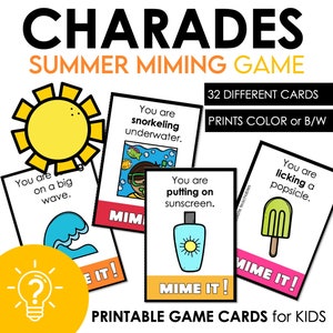 Charadas de verano, Juego de charadas para niños, Juego de charadas en el aula, Tarjetas de verbos de acción de charada, Actividad de verano imprimible para niños, Juego de mímica