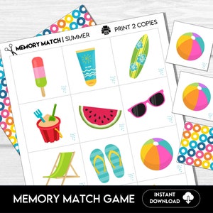 Summer Memory Match Game, Summer Matching Game, Beach Theme Kids Memory Game Printable, Printable Game For Kids, Summer Party Game